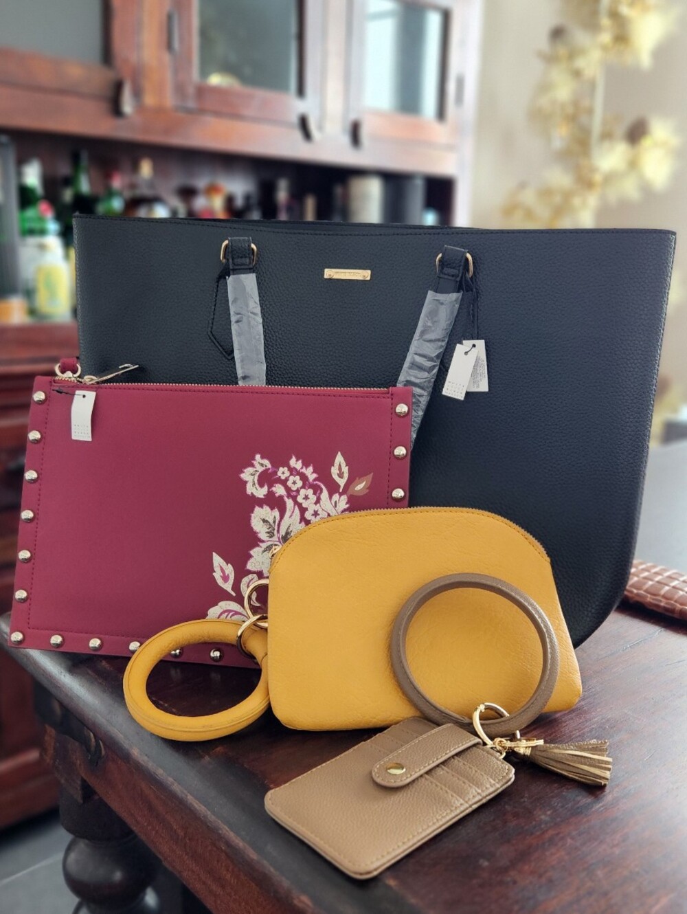 4 Items Included in this Listing! Black Faux Leather Tote Bag + 3 Wristlets